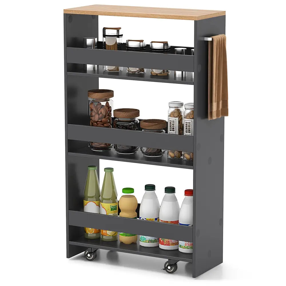 4-Tier Rolling Storage Cart Slim Kitchen Cart on Wheels with Open Shelves and Handle-Gray - Gray - Kitchen Islands &
