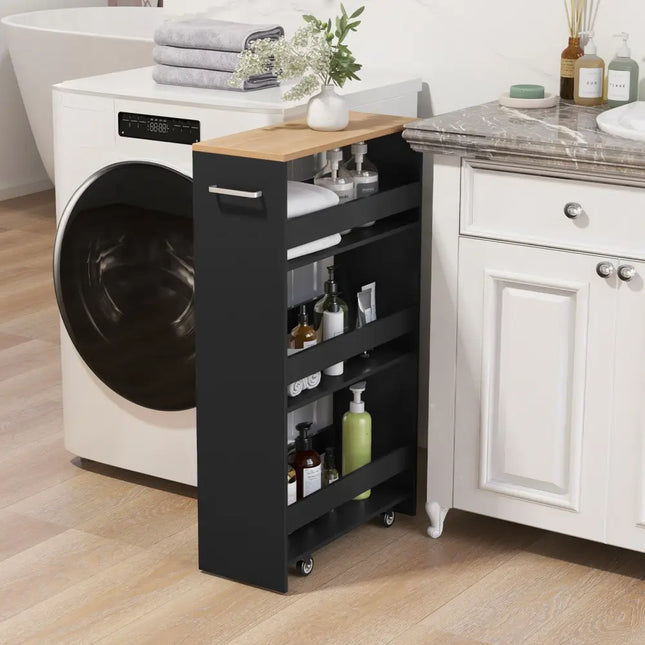4-Tier Rolling Storage Cart Slim Kitchen Cart on Wheels with Open Shelves and Handle-Black Costway