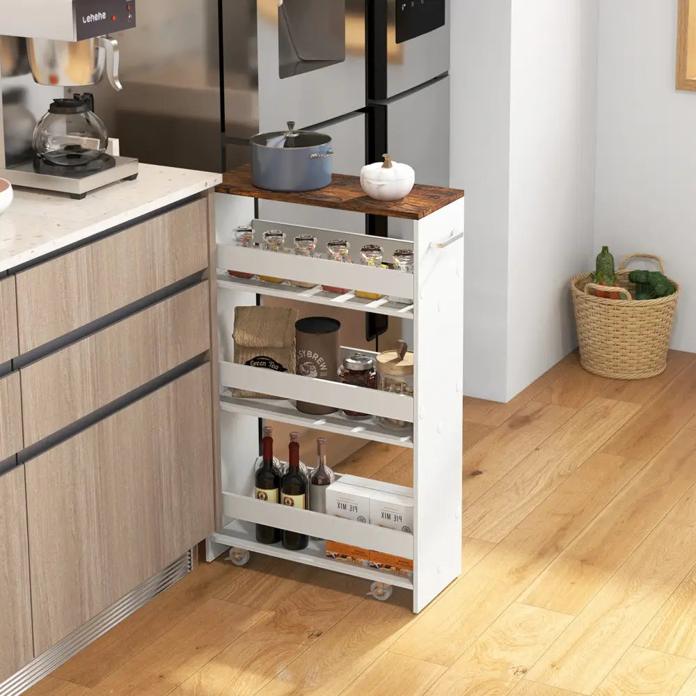 4-Tier Rolling Storage Cart Slim Kitchen Cart on Wheels with Open Shelves and Handle-Rustic Brown - Rustic Brown