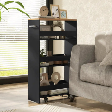 4-Tier Rolling Storage Cart Slim Kitchen Cart on Wheels with Open Shelves and Handle-Black Costway