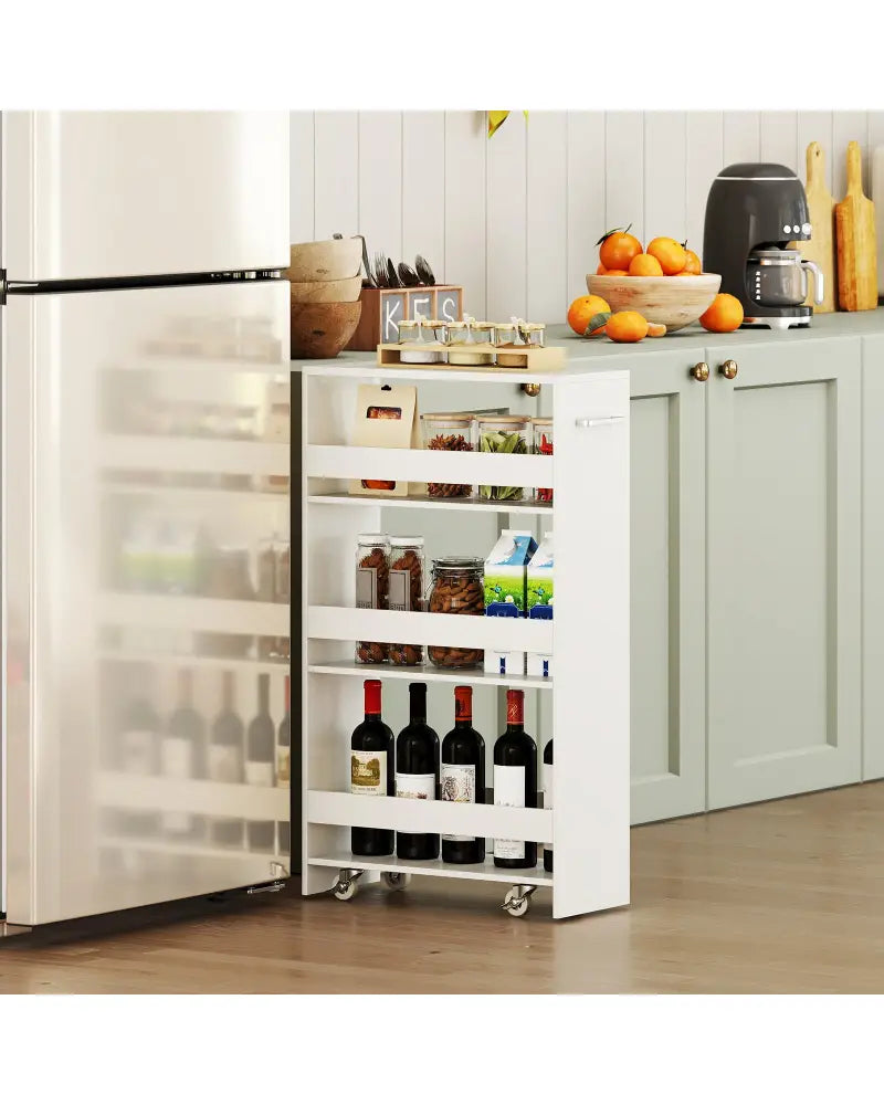 4-Tier Rolling Storage Cart Slim Kitchen Cart on Wheels with Open Shelves and Handle-White - White - Kitchen Islands &