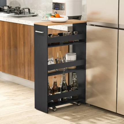 4-Tier Rolling Storage Cart Slim Kitchen Cart on Wheels with Open Shelves and Handle-Black Costway