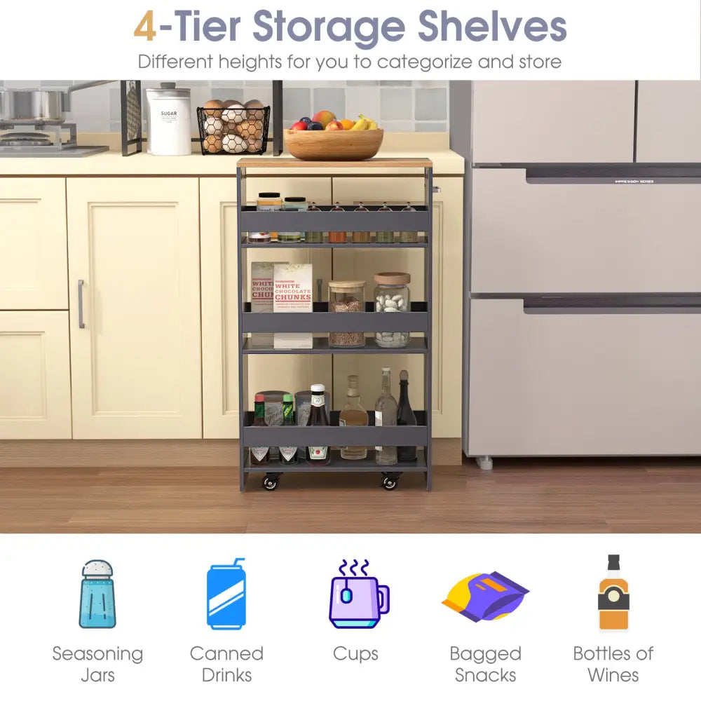 4-Tier Rolling Storage Cart Slim Kitchen Cart on Wheels with Open Shelves and Handle-Gray - Gray - Kitchen Islands &