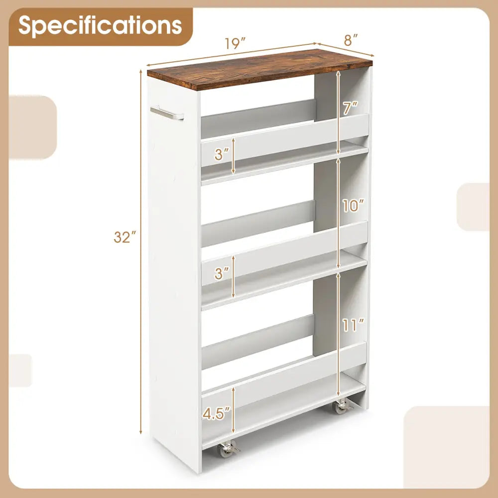 4-Tier Rolling Storage Cart Slim Kitchen Cart on Wheels with Open Shelves and Handle-Rustic Brown - Rustic Brown