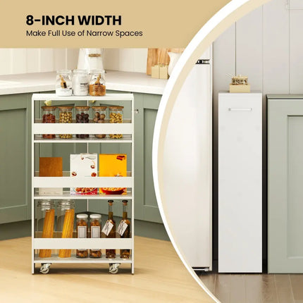 4-Tier Rolling Storage Cart Slim Kitchen Cart on Wheels with Open Shelves and Handle-White Costway