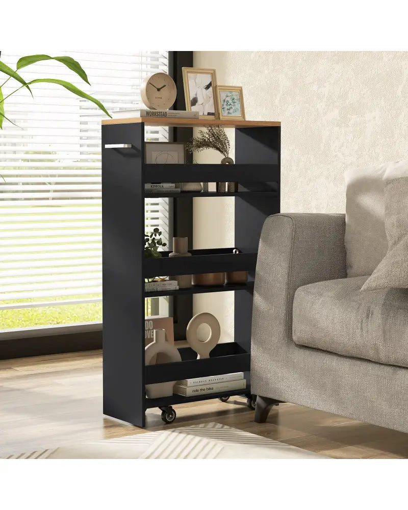 4-Tier Rolling Storage Cart Slim Kitchen Cart on Wheels with Open Shelves and Handle-Black - Black - Kitchen Islands &