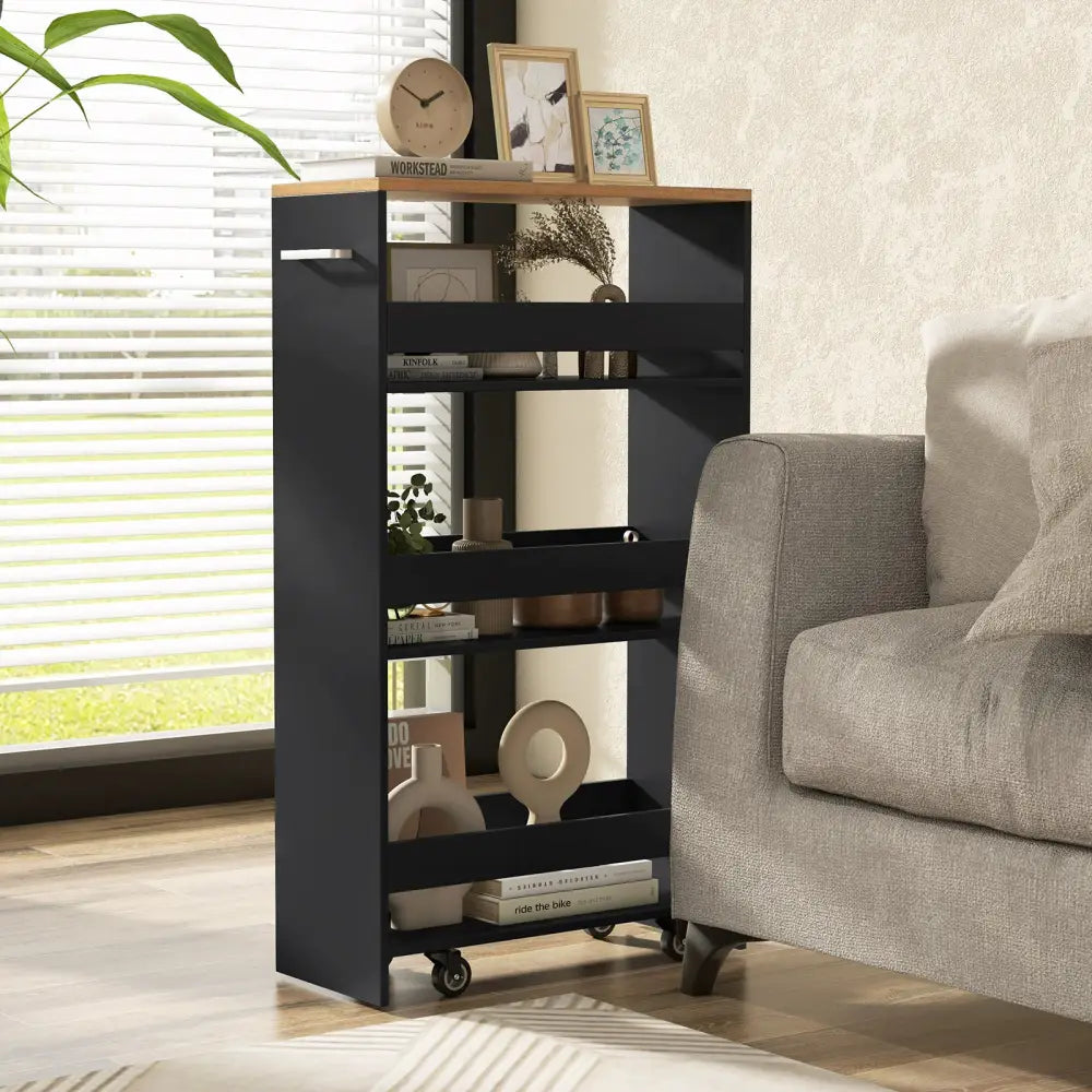 4-Tier Rolling Storage Cart Slim Kitchen Cart on Wheels with Open Shelves and Handle-Black - Black - Kitchen Islands &