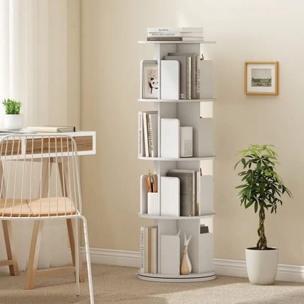 4-Tier Rotating Bookshelf 360° Display Rack with Dividers and Anti-falling Baffles-White Costway