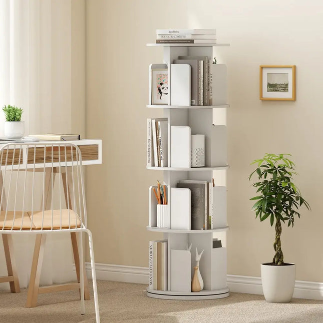 4-Tier Rotating Bookshelf 360° Display Rack with Dividers and Anti-falling Baffles-White Costway