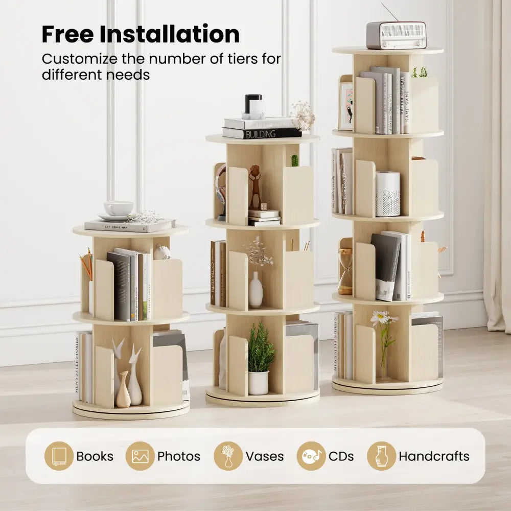4-Tier Rotating Bookshelf 360° Display Rack with Dividers and Anti-falling Baffles-Natural - Natural - Bookcases