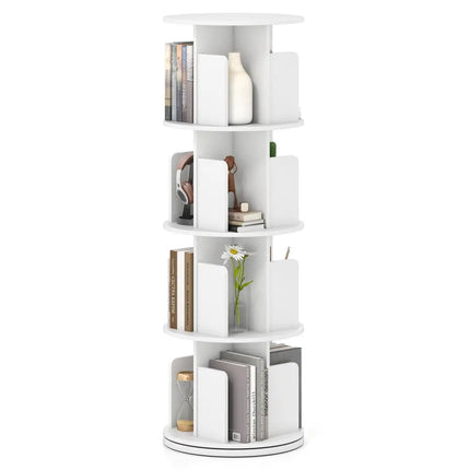 4-Tier Rotating Bookshelf 360° Display Rack with Dividers and Anti-falling Baffles-White Costway