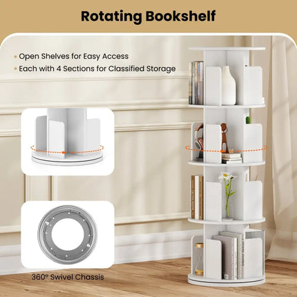 4-Tier Rotating Bookshelf 360° Display Rack with Dividers and Anti-falling Baffles-White Costway