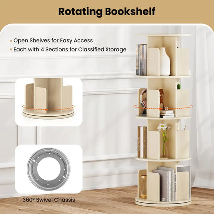 4-Tier Rotating Bookshelf 360° Display Rack with Dividers and Anti-falling Baffles-Natural Costway