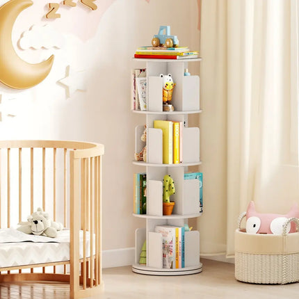 4-Tier Rotating Bookshelf 360° Display Rack with Dividers and Anti-falling Baffles-White Costway