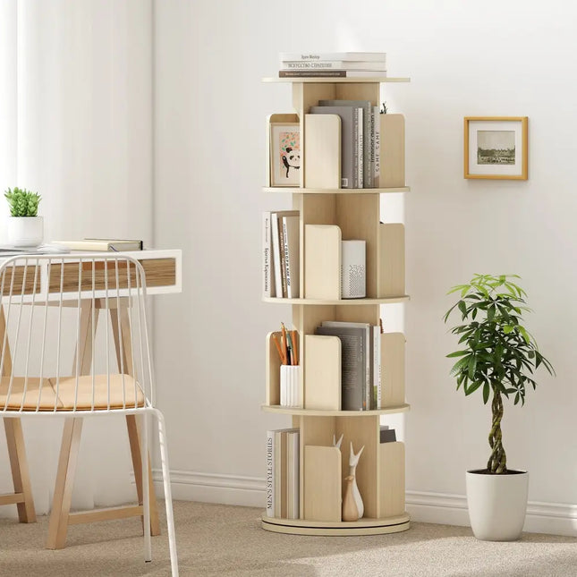 4-Tier Rotating Bookshelf 360° Display Rack with Dividers and Anti-falling Baffles-Natural Costway