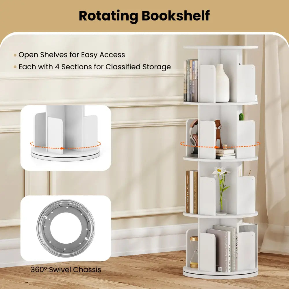 4-Tier Rotating Bookshelf 360° Display Rack with Dividers and Anti-falling Baffles-White - White - Bookcases