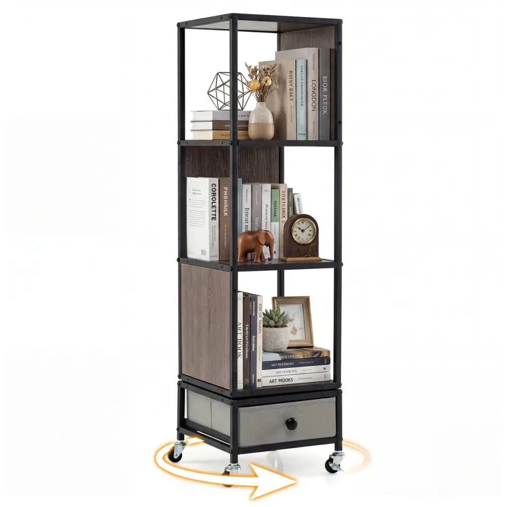 4-Tier Rotating Bookshelf on Wheels with Removable Drawer-Gray - Gray - Bookcases