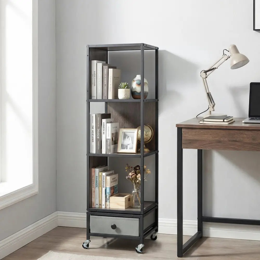 4-Tier Rotating Bookshelf on Wheels with Removable Drawer-Gray - Gray - Bookcases