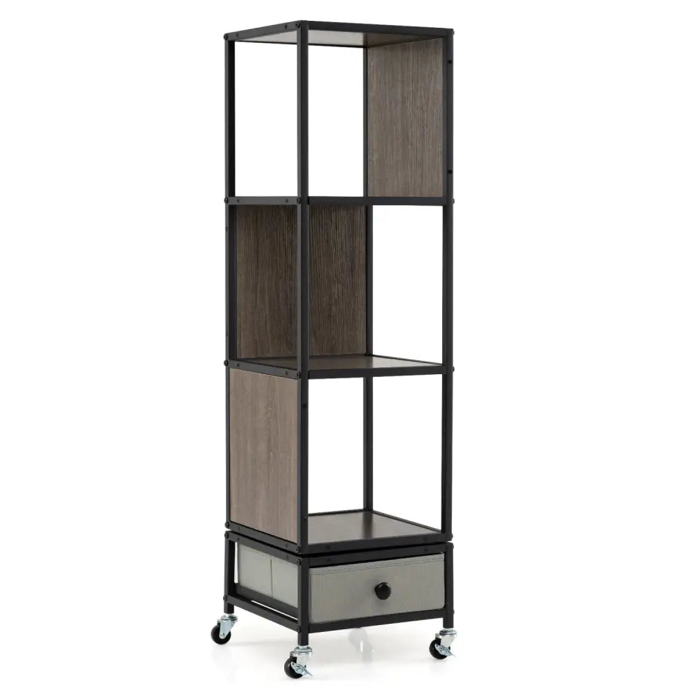 4-Tier Rotating Bookshelf on Wheels with Removable Drawer-Gray - Gray - Bookcases