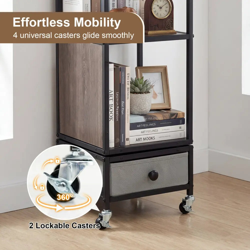 4-Tier Rotating Bookshelf on Wheels with Removable Drawer-Gray - Gray - Bookcases