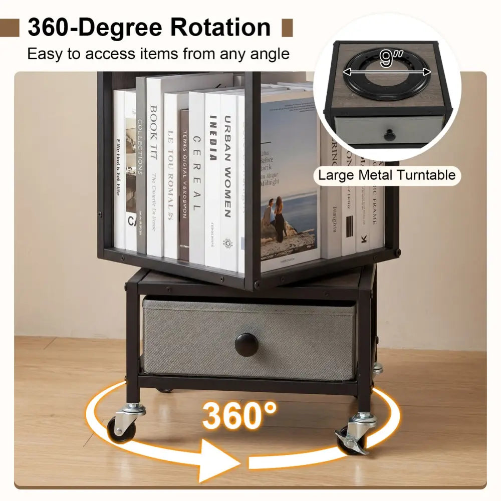 4-Tier Rotating Bookshelf on Wheels with Removable Drawer-Gray - Gray - Bookcases