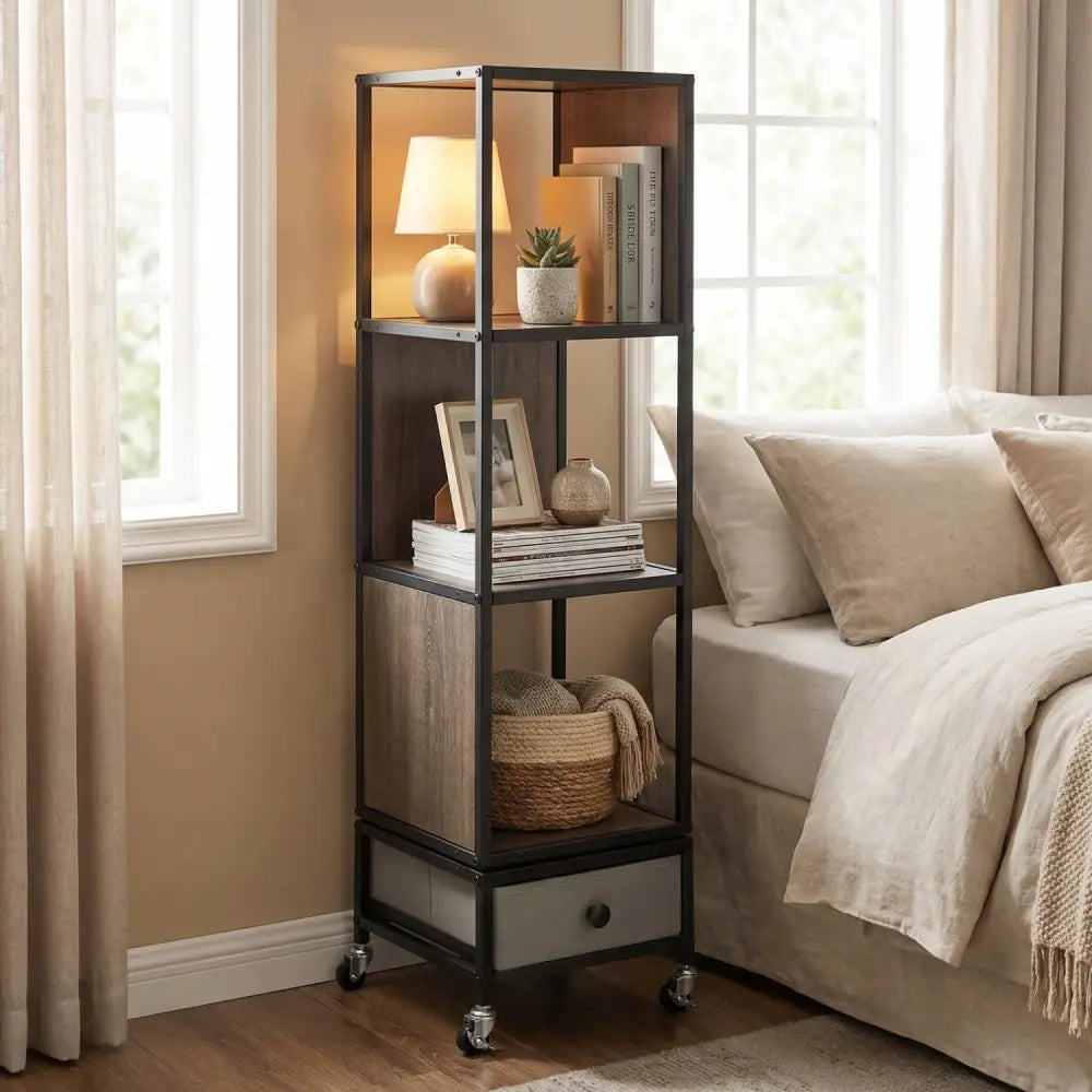 4-Tier Rotating Bookshelf on Wheels with Removable Drawer-Gray - Gray - Bookcases