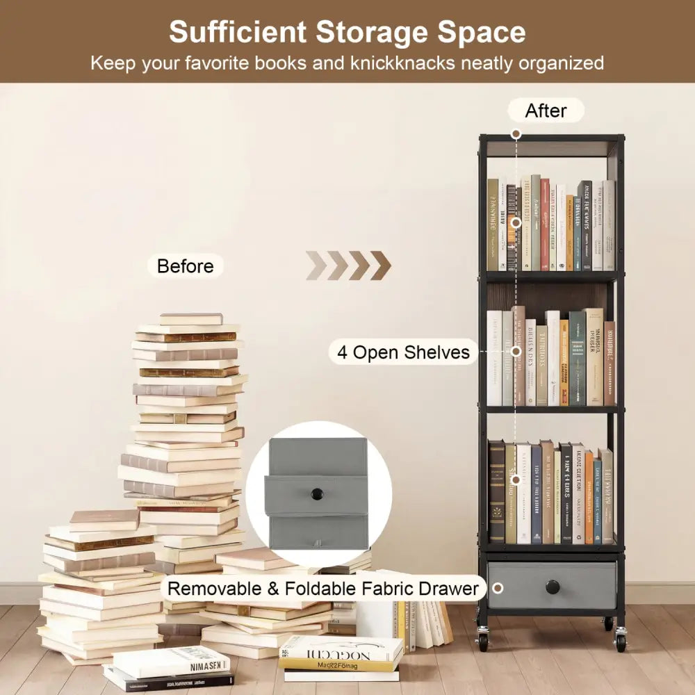 4-Tier Rotating Bookshelf on Wheels with Removable Drawer-Gray - Gray - Bookcases