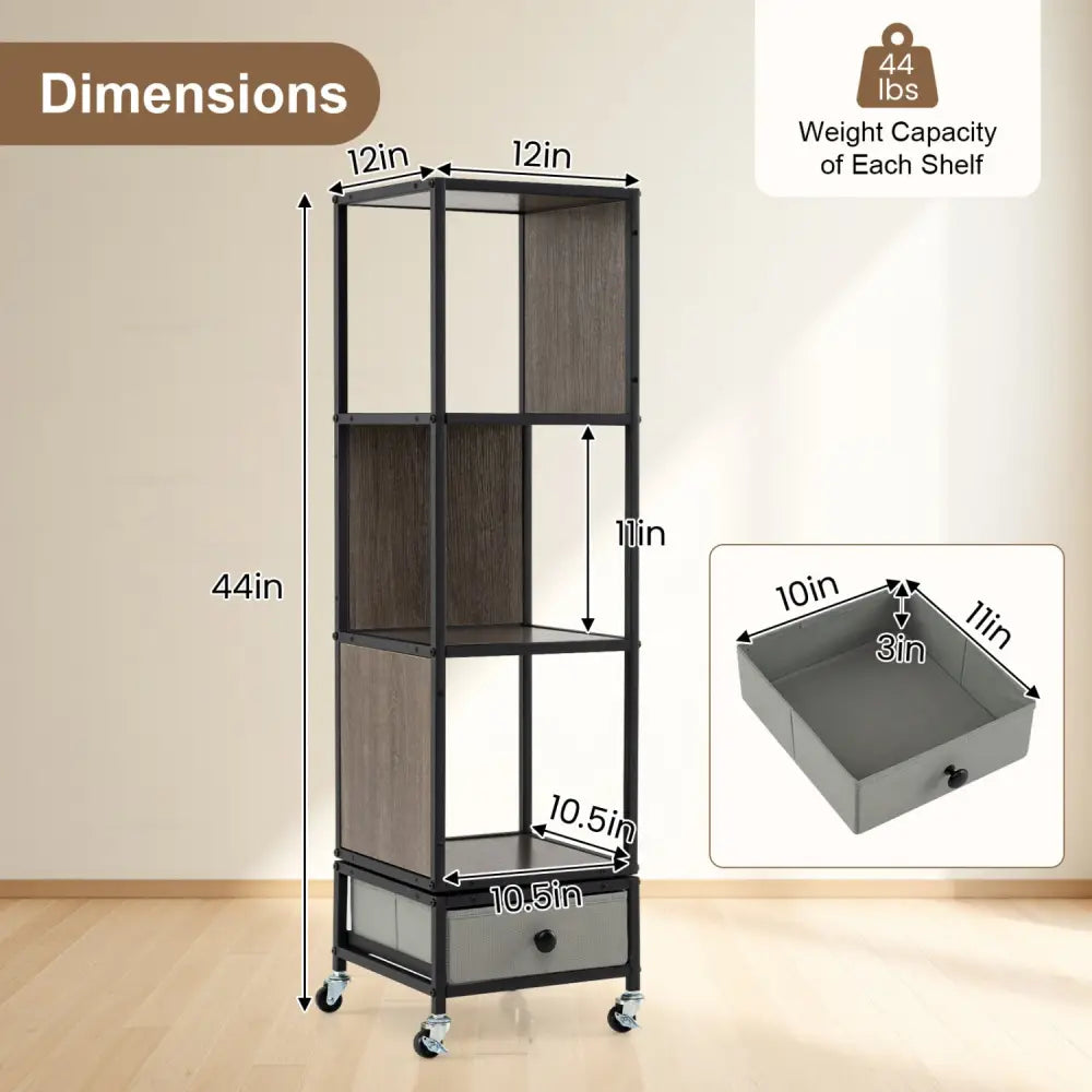 4-Tier Rotating Bookshelf on Wheels with Removable Drawer-Gray - Gray - Bookcases