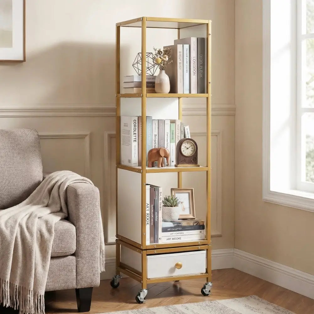 4-Tier Rotating Bookshelf on Wheels with Removable Drawer-White - White - Bookcases