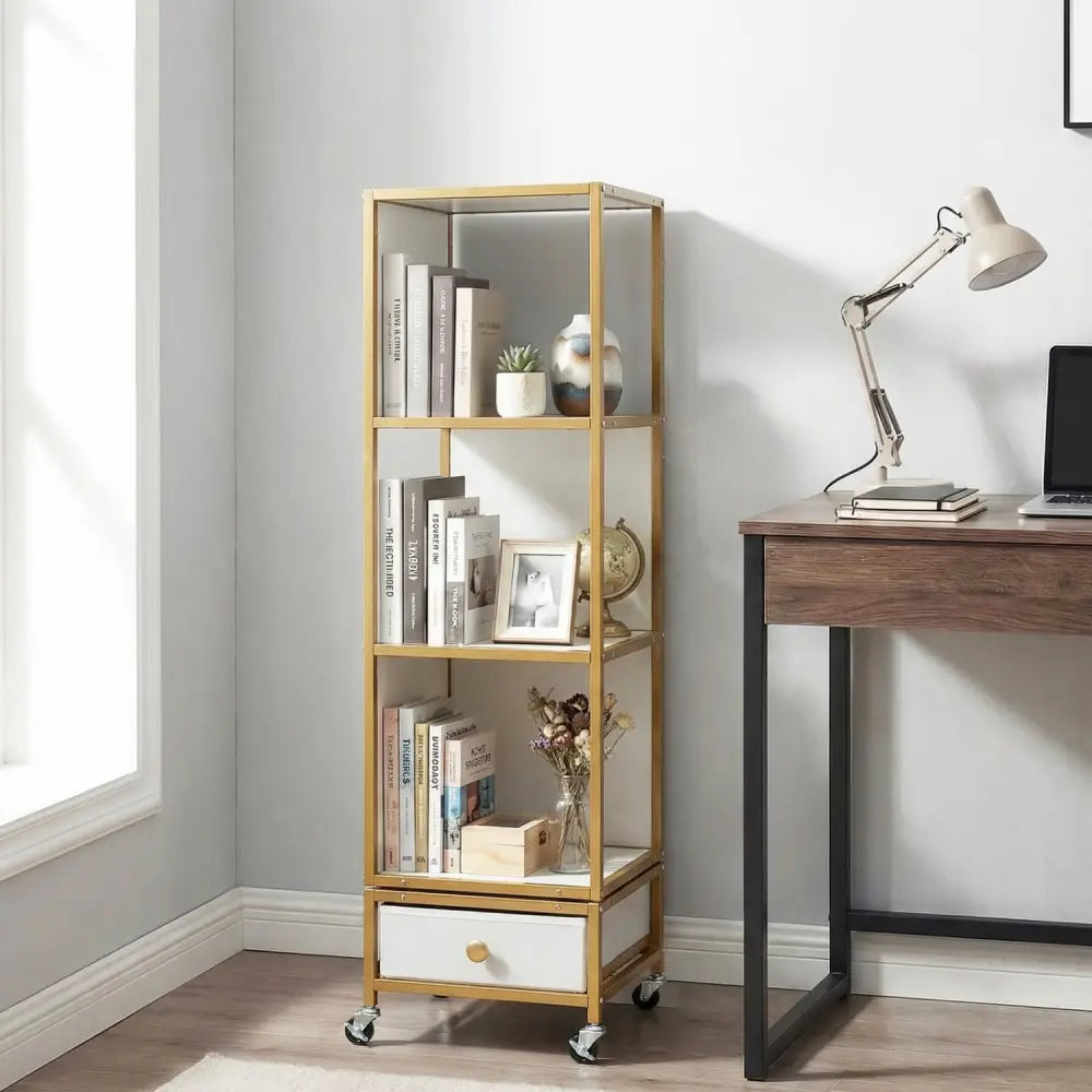 4-Tier Rotating Bookshelf on Wheels with Removable Drawer-White - White - Bookcases