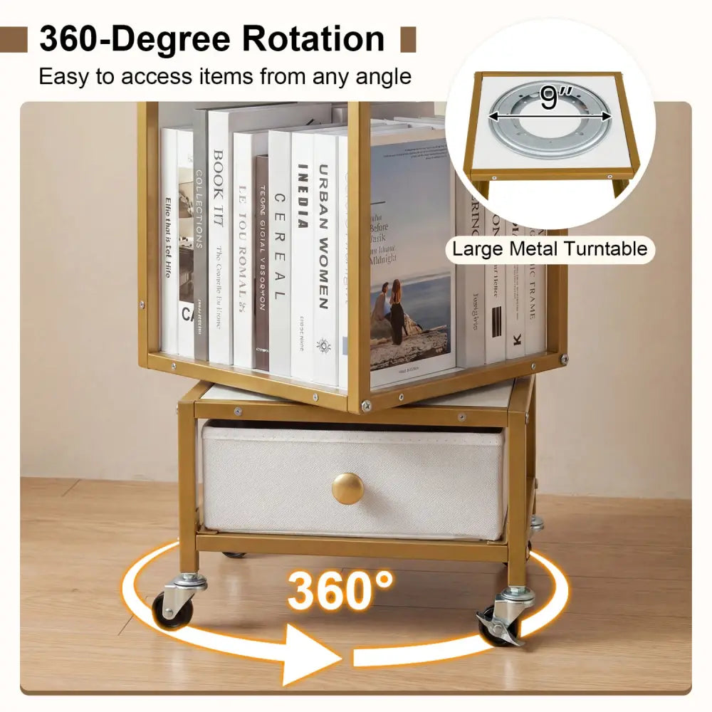 4-Tier Rotating Bookshelf on Wheels with Removable Drawer-White - White - Bookcases
