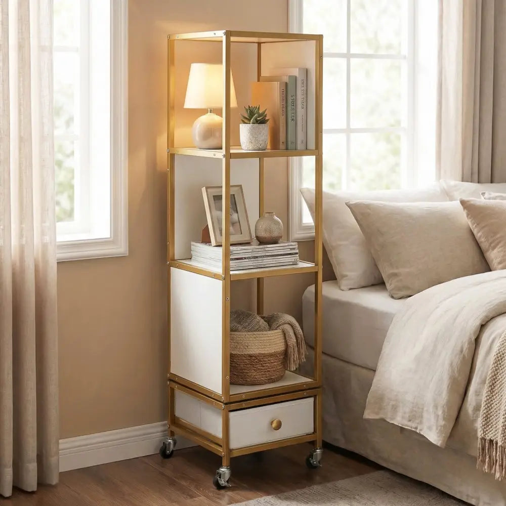 4-Tier Rotating Bookshelf on Wheels with Removable Drawer-White - White - Bookcases