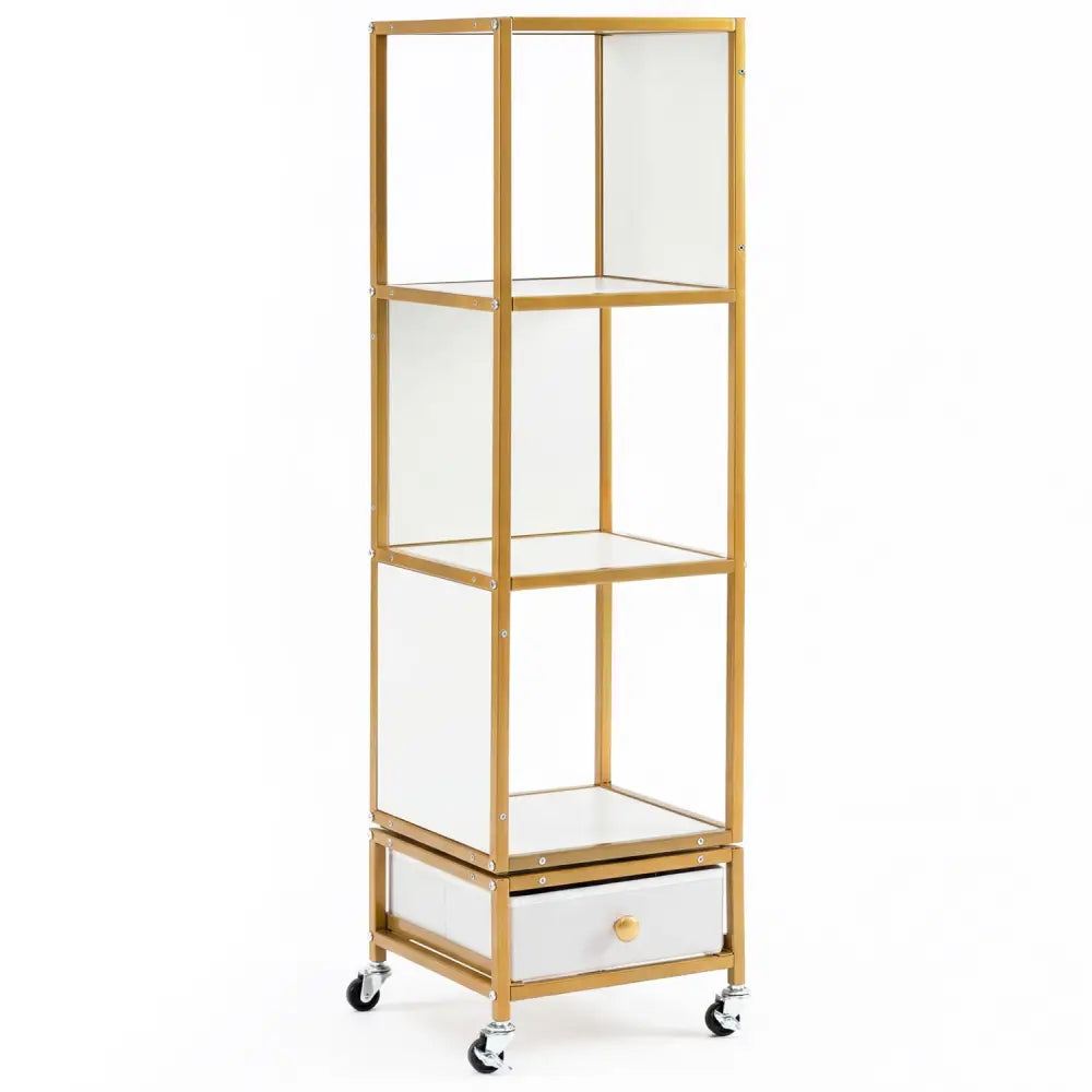 4-Tier Rotating Bookshelf on Wheels with Removable Drawer-White - White - Bookcases