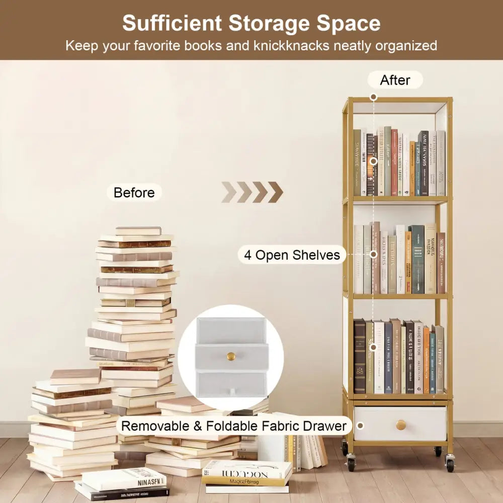 4-Tier Rotating Bookshelf on Wheels with Removable Drawer-White - White - Bookcases