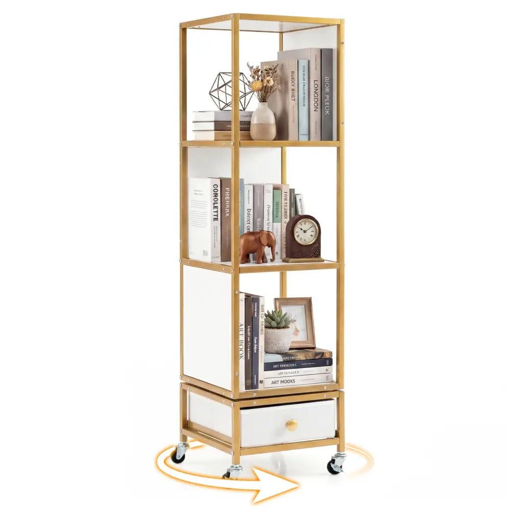 4-Tier Rotating Bookshelf on Wheels with Removable Drawer-White - White - Bookcases