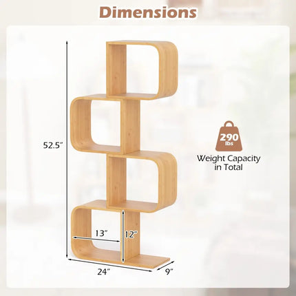 4-Tier S-Shaped Bamboo Bookcase with 4 Open Cubes for Living Room-Natural Costway