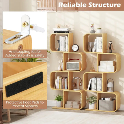 4-Tier S-Shaped Bamboo Bookcase with 4 Open Cubes for Living Room-Natural Costway