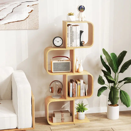 4-Tier S-Shaped Bamboo Bookcase with 4 Open Cubes for Living Room-Natural Costway