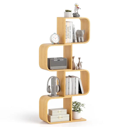 4-Tier S-Shaped Bamboo Bookcase with 4 Open Cubes for Living Room-Natural Costway