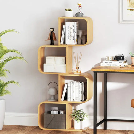 4-Tier S-Shaped Bamboo Bookcase with 4 Open Cubes for Living Room-Natural Costway