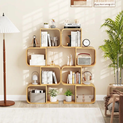 4-Tier S-Shaped Bamboo Bookcase with 4 Open Cubes for Living Room-Natural Costway