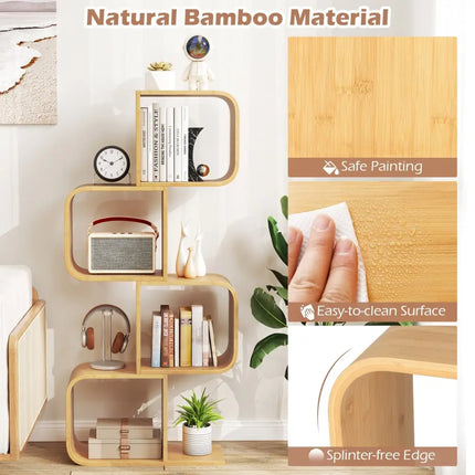 4-Tier S-Shaped Bamboo Bookcase with 4 Open Cubes for Living Room-Natural Costway