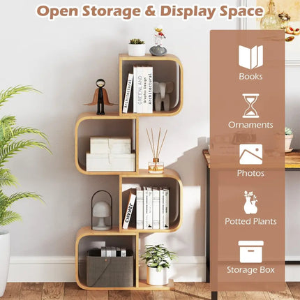 4-Tier S-Shaped Bamboo Bookcase with 4 Open Cubes for Living Room-Natural Costway