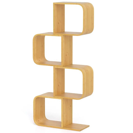 4-Tier S-Shaped Bamboo Bookcase with 4 Open Cubes for Living Room-Natural Costway