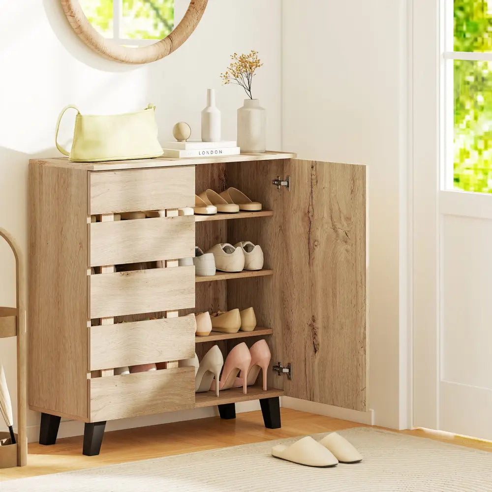 4-Tier Shoe Cabinet 2-Door Storage Organizer with Louvered Door-Natural - Natural - Shoe Racks & Storage Benches