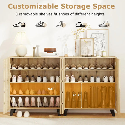 4-Tier Shoe Cabinet 2-Door Storage Organizer with Louvered Door-Natural - Natural - Shoe Racks & Storage Benches