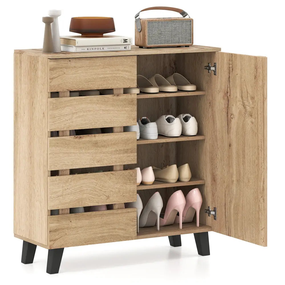 4-Tier Shoe Cabinet 2-Door Storage Organizer with Louvered Door-Natural - Natural - Shoe Racks & Storage Benches