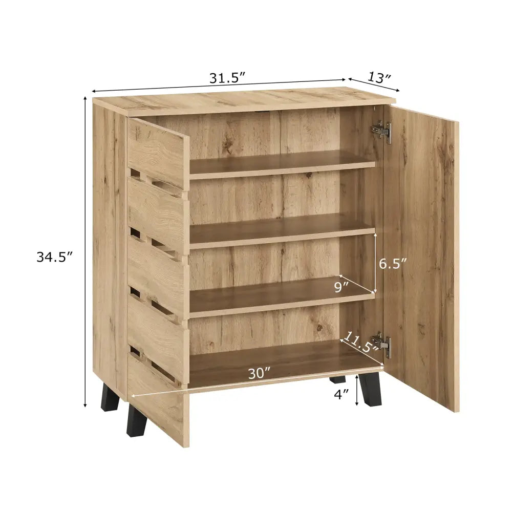 4-Tier Shoe Cabinet 2-Door Storage Organizer with Louvered Door-Natural - Natural - Shoe Racks & Storage Benches