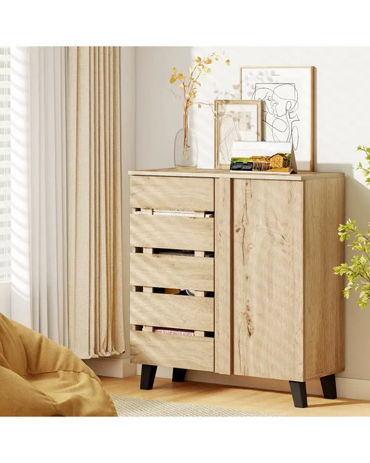 4-Tier Shoe Cabinet 2-Door Storage Organizer with Louvered Door-Natural - Natural - Shoe Racks & Storage Benches