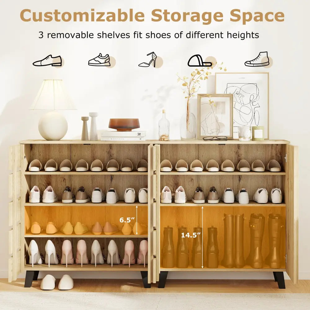 4-Tier Shoe Cabinet 2-Door Storage Organizer with Louvered Door-Natural - Natural - Shoe Racks & Storage Benches